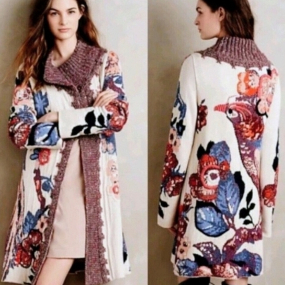 Anthropologie Sleeping On Snow Forest Embroidered Boho Long Sweater Cardigan